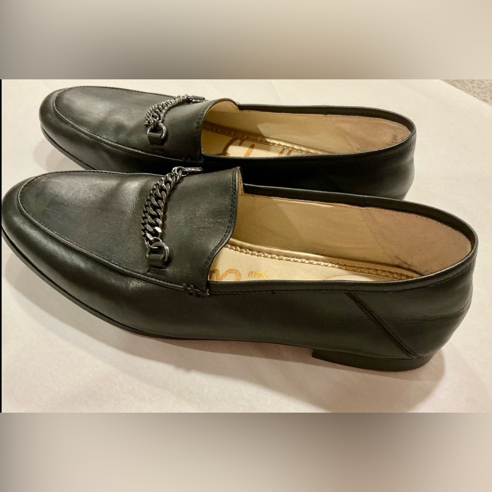 Sam Edelman Lorenzo Black Leather Slip-On Loafers Chain Detail Career Woman SZ 9